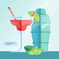 Vector Illustration of Glass of Cosmopolitan Cocktail with Lime Slice, Berries, Straw and Shaker bottle on blue background. Royalty Free Stock Photo